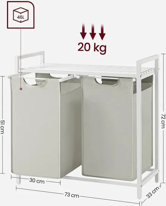 Wasmand 2 compartimenten, wasmand met plank, waskast, oxford stof verwijderbaar metalen frame, 2 x 46 l, 73 x 33 x 72 cm, wit