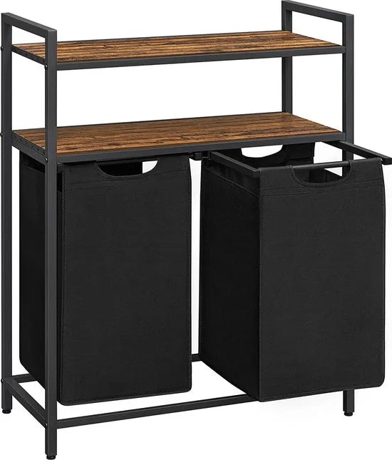 Wasmand 2 vakken – wassorteerder - uitschuifbaar met 2 planken - 73 x 33 x 91 cm – wasmand met uitneembare zakken en klittenband sluiting - 76L verdeeld over 2 zakken – wasmanden – wasmand zwart metaal - bruin hout