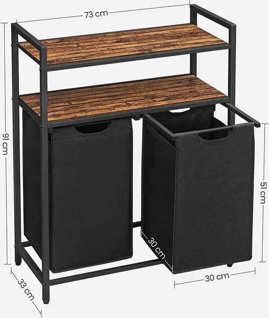 Wasmand 2 vakken – wassorteerder - uitschuifbaar met 2 planken - 73 x 33 x 91 cm – wasmand met uitneembare zakken en klittenband sluiting - 76L verdeeld over 2 zakken – wasmanden – wasmand zwart metaal - bruin hout