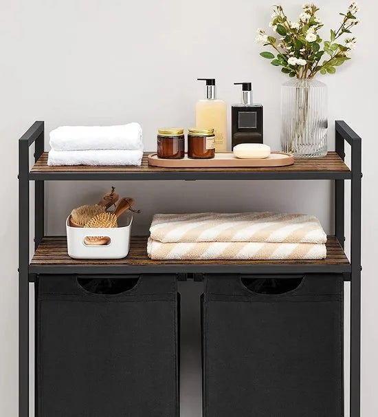 Wasmand 2 vakken – wassorteerder - uitschuifbaar met 2 planken - 73 x 33 x 91 cm – wasmand met uitneembare zakken en klittenband sluiting - 76L verdeeld over 2 zakken – wasmanden – wasmand zwart metaal - bruin hout