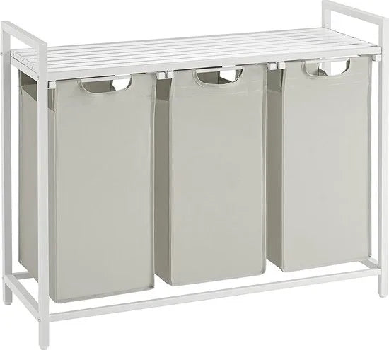Wasmand 3 vakken – wassorteerder - uitschuifbaar met plank - 92.5 x 33 x 71 cm – wasmand - 168 L verdeeld over 3 zakken – wasmanden – wasmand wit metaal - wit hout