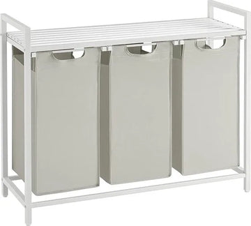 Wasmand 3 vakken – wassorteerder - uitschuifbaar met plank - 92.5 x 33 x 71 cm – wasmand - 168 L verdeeld over 3 zakken – wasmanden – wasmand wit metaal - wit hout
