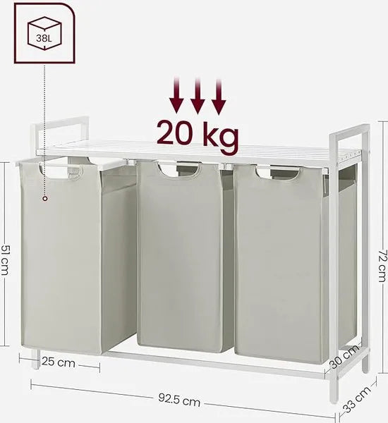 Wasmand 3 vakken – wassorteerder - uitschuifbaar met plank - 92.5 x 33 x 71 cm – wasmand - 168 L verdeeld over 3 zakken – wasmanden – wasmand wit metaal - wit hout