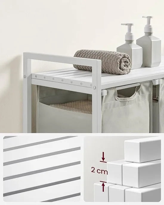 Wasmand 3 vakken – wassorteerder - uitschuifbaar met plank - 92.5 x 33 x 71 cm – wasmand - 168 L verdeeld over 3 zakken – wasmanden – wasmand wit metaal - wit hout