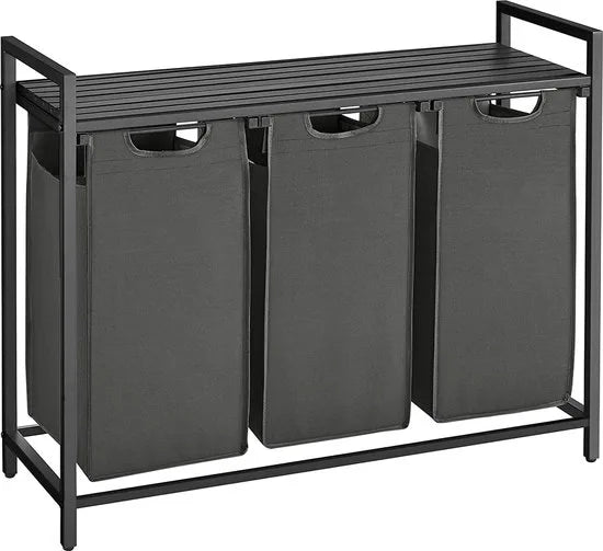 Wasmand Met 3 Vakken, Uittrekbaar Wassorteerder, Afneembaar Waszak, 3 X 38L, 92,5 X 33 X 72 Cm, Zwart-Grijs