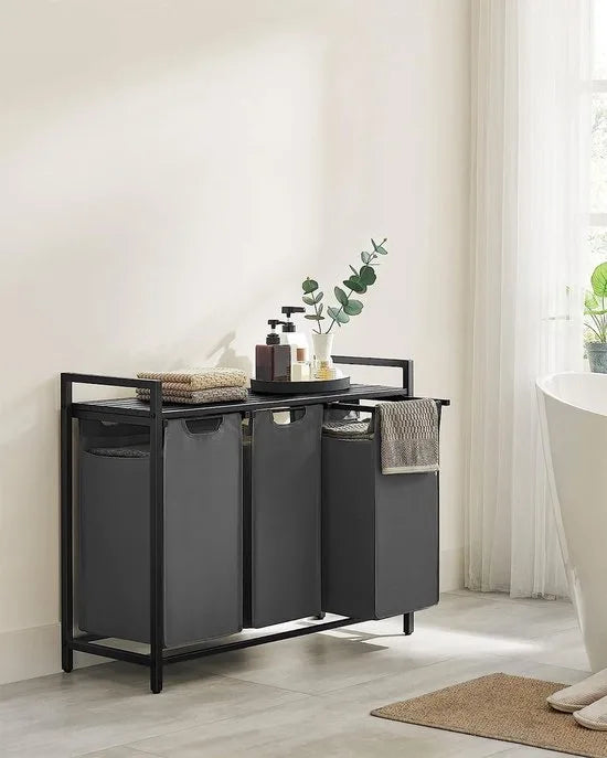 Wasmand Met 3 Vakken, Uittrekbaar Wassorteerder, Afneembaar Waszak, 3 X 38L, 92,5 X 33 X 72 Cm, Zwart-Grijs