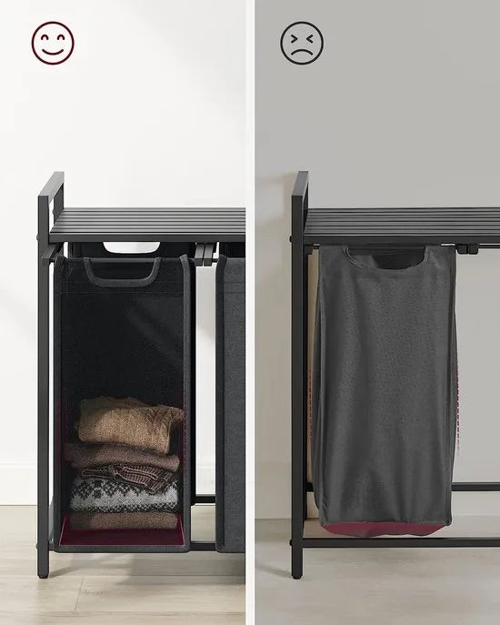 Wasmand Met 3 Vakken, Uittrekbaar Wassorteerder, Afneembaar Waszak, 3 X 38L, 92,5 X 33 X 72 Cm, Zwart-Grijs