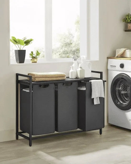 Wasmand Met 3 Vakken, Uittrekbaar Wassorteerder, Afneembaar Waszak, 3 X 38L, 92,5 X 33 X 72 Cm, Zwart-Grijs