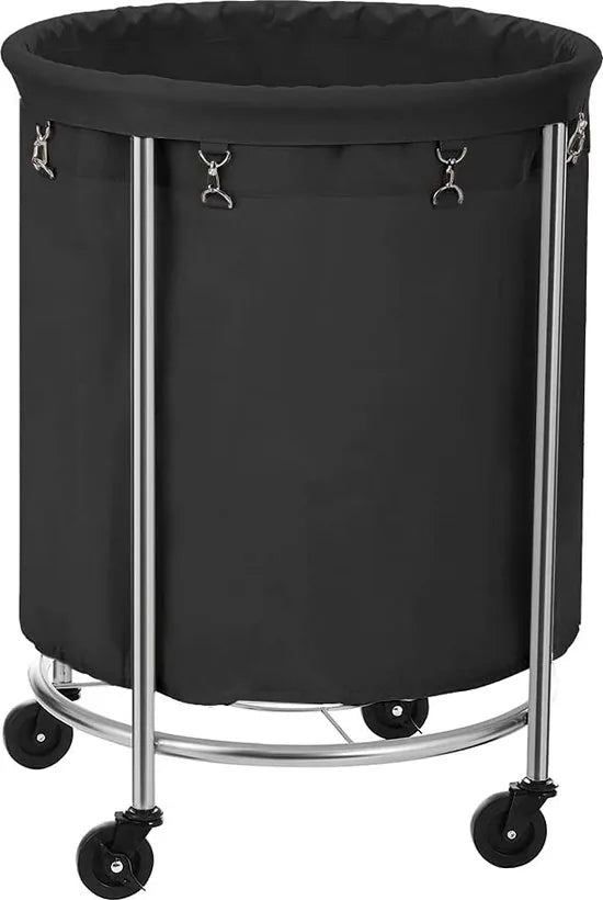 Wasmand met wielen, wasopvangbak, waswagen, rond, stalen frame, verwijderbare waszak, 4 wielen, waarvan 2 met rem, zwart-zilver RLS001B01