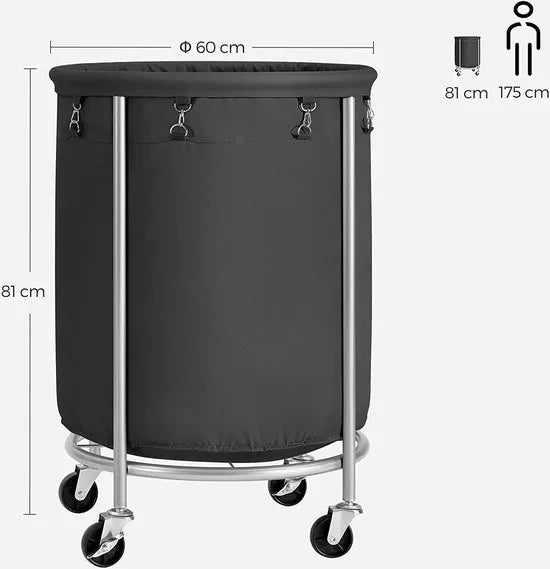 Wasmand met wielen, wasopvangbak, waswagen, rond, stalen frame, verwijderbare waszak, 4 wielen, waarvan 2 met rem, zwart-zilver RLS001B01