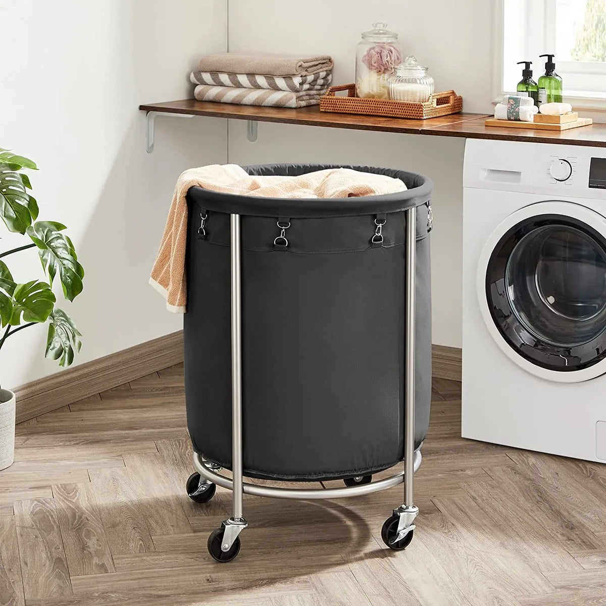 Wasmand met wielen, wasopvangbak, waswagen, rond, stalen frame, verwijderbare waszak, 4 wielen, waarvan 2 met rem, zwart-zilver RLS001B01