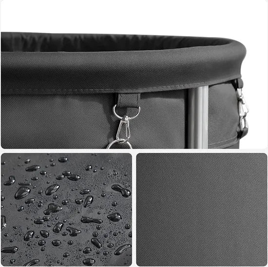 Wasmand met wielen, wasopvangbak, waswagen, rond, stalen frame, verwijderbare waszak, 4 wielen, waarvan 2 met rem, zwart-zilver RLS001B01