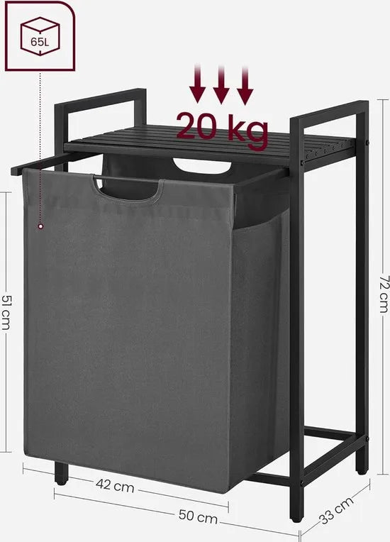 Wasmand, Wasemmer met plank, Wasbox, Waszak van Oxford stof uitschuifbaar, afneembaar, Metalen frame, 65 l, 50 x 33 x 72 cm, zwartgrijs BLH101G01