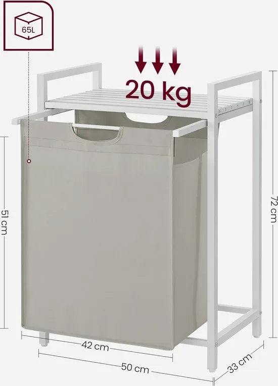 Wasmand, Wasemmer met plank, Wasbox, Waszak van Oxford stof uitschuifbaar, afneembaar, Metalen frame, 65 l, 50 x 33 x 72 cm, zwartgrijs BLH101G01
