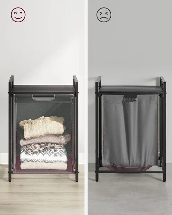 Wasmand, Wasemmer met plank, Wasbox, Waszak van Oxford stof uitschuifbaar, afneembaar, Metalen frame, 65 l, 50 x 33 x 72 cm, zwartgrijs BLH101G01