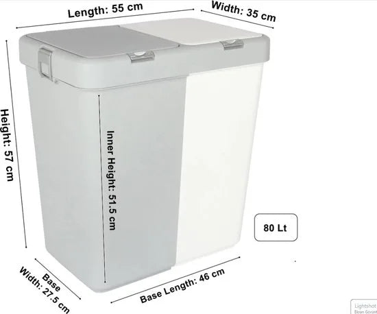 Wasmand - Wassorteerder - Wasmand opvouwbaar - Wasbox - Wasmand met touch deksel - Sumpas Wasmand - 2 vakken -80 Liter - 100% gerecycled plastic - Grijs/Wit