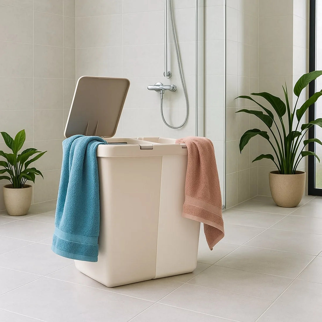 Wasmand - Wassorteerder - Wasmand opvouwbaar - Wasbox - Wasmand met touch deksel - Sumpas Wasmand - 2 vakken -80 Liter - 100% gerecycled plastic - Bruin/Creme