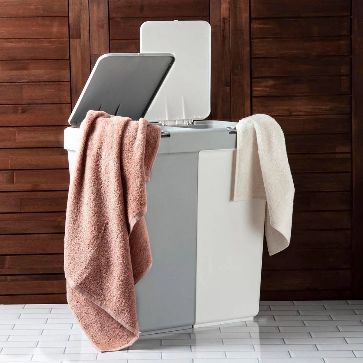 Wasmand - Wassorteerder - Wasmand opvouwbaar - Wasbox - Wasmand met touch deksel - Sumpas Wasmand - 2 vakken -80 Liter - 100% gerecycled plastic - Grijs/Wit