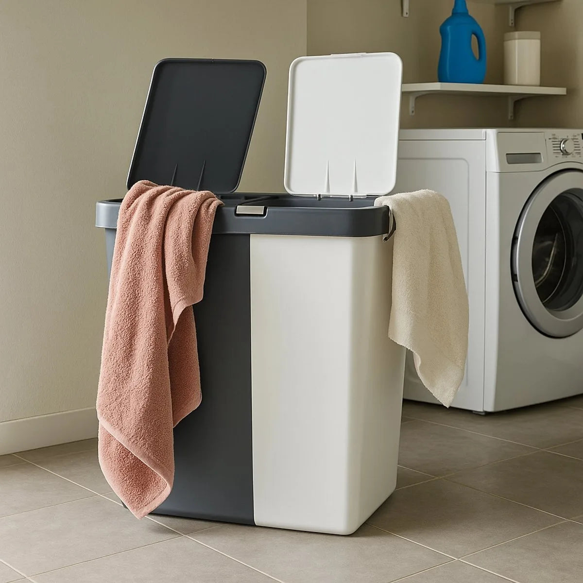 Wasmand - Wassorteerder - Wasmand opvouwbaar - Wasbox - Wasmand met touch deksel - Sumpas Wasmand - 2 vakken -80 Liter - 100% gerecycled plastic - Antrasit/Wit