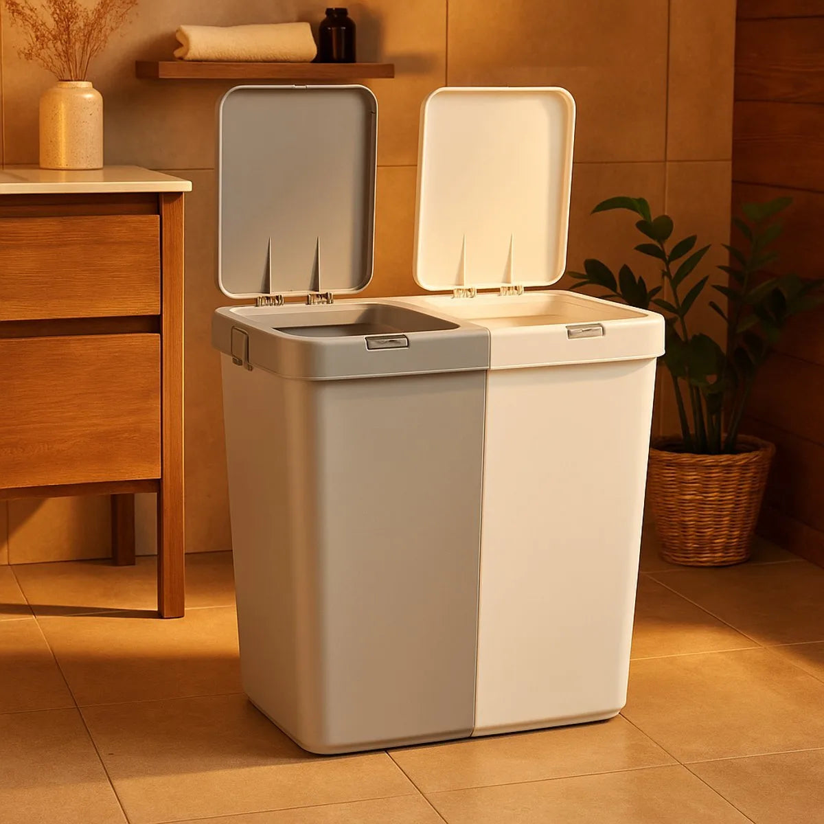 Wasmand - Wassorteerder - Wasmand opvouwbaar - Wasbox - Wasmand met touch deksel - Sumpas Wasmand - 2 vakken -80 Liter - 100% gerecycled plastic - Grijs/Wit
