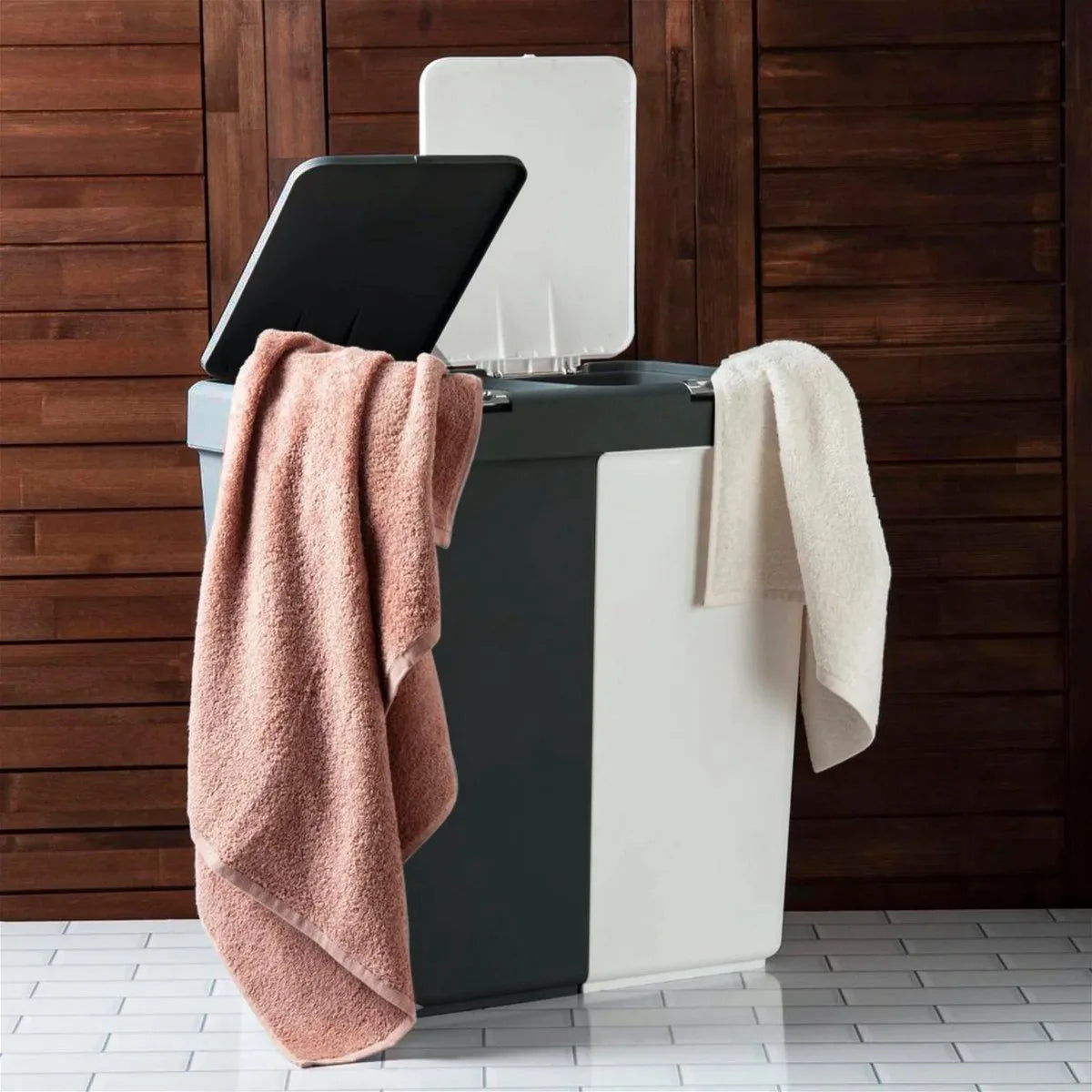 Wasmand - Wassorteerder - Wasmand opvouwbaar - Wasbox - Wasmand met touch deksel - Sumpas Wasmand - 2 vakken -80 Liter - 100% gerecycled plastic - Antrasit/Wit