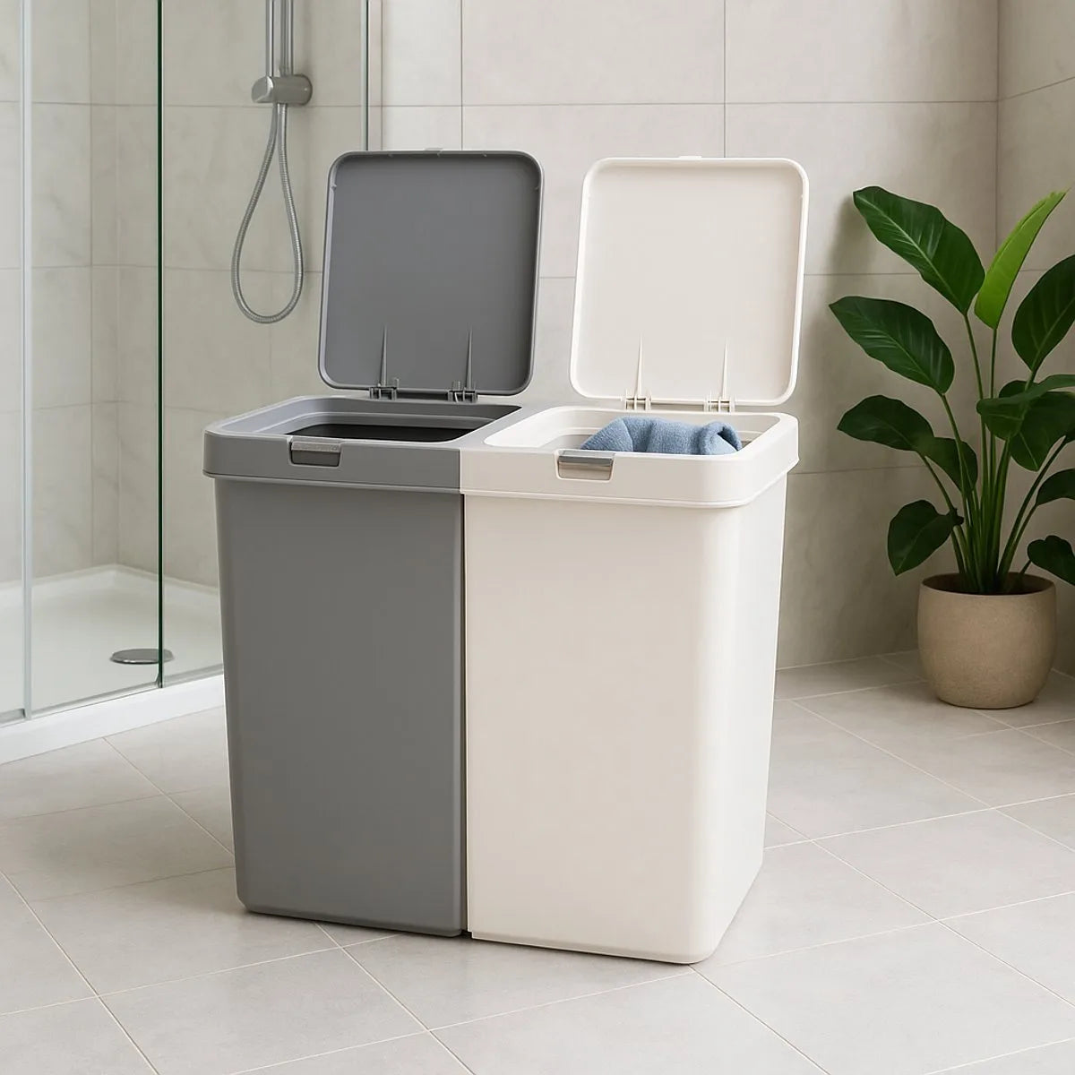 Wasmand - Wassorteerder - Wasmand opvouwbaar - Wasbox - Wasmand met touch deksel - Sumpas Wasmand - 2 vakken -80 Liter - 100% gerecycled plastic - Grijs/Wit