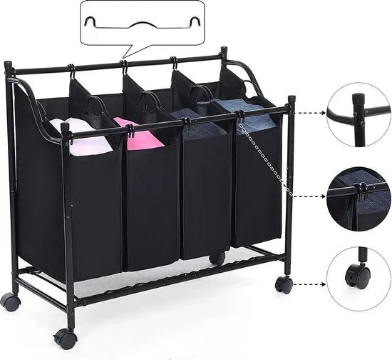 Wasmand, wasverzamelaar met 4 afneembare stoffen zakken, wassorteerder, stabiel, 4 x 35 liter, zwart-LSF005
