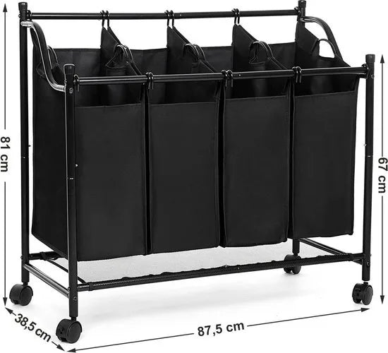 Wasmand, wasverzamelaar met 4 afneembare stoffen zakken, wassorteerder, stabiel, 4 x 35 liter, zwart-LSF005