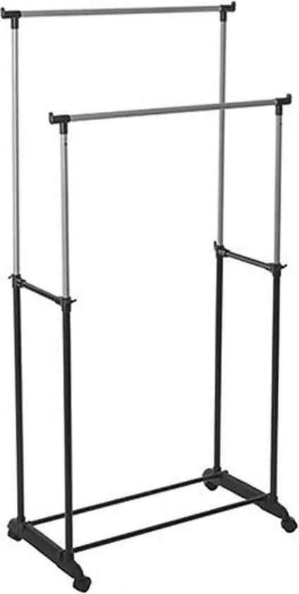 Wooners® - Dubbel kledingrek | Op wieltjes | 1 stuk | Verstelbaar in 3 hoogtes 110 cm - 135 cm - 160 cm | 2 stangen | 2 laags | Garderoberek | Hangrek met schoenrek | Mobiele kapstok | Staand | Verrijdbaar | Zwart metaal