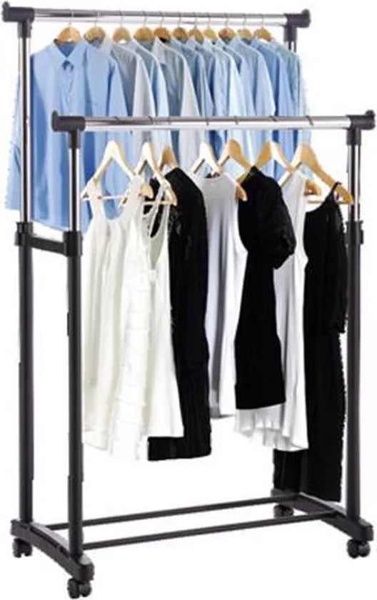 Wooners® - Dubbel kledingrek | Op wieltjes | 1 stuk | Verstelbaar in 3 hoogtes 110 cm - 135 cm - 160 cm | 2 stangen | 2 laags | Garderoberek | Hangrek met schoenrek | Mobiele kapstok | Staand | Verrijdbaar | Zwart metaal