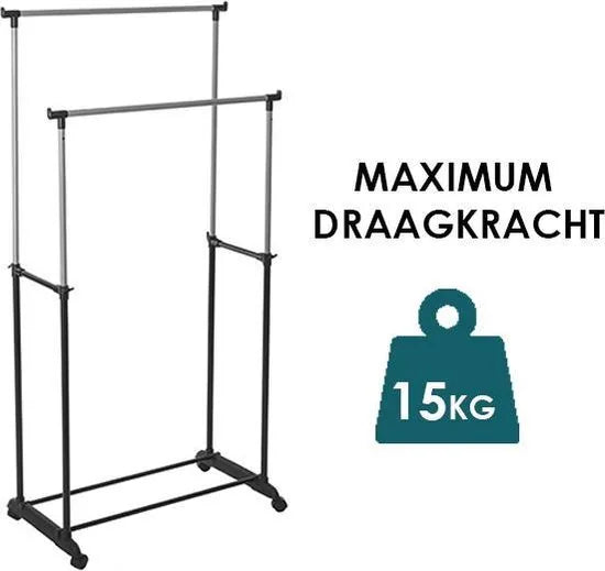 Wooners® - Dubbel kledingrek | Op wieltjes | 1 stuk | Verstelbaar in 3 hoogtes 110 cm - 135 cm - 160 cm | 2 stangen | 2 laags | Garderoberek | Hangrek met schoenrek | Mobiele kapstok | Staand | Verrijdbaar | Zwart metaal