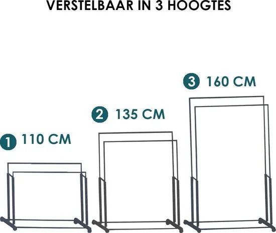 Wooners® - Dubbel kledingrek | Op wieltjes | 1 stuk | Verstelbaar in 3 hoogtes 110 cm - 135 cm - 160 cm | 2 stangen | 2 laags | Garderoberek | Hangrek met schoenrek | Mobiele kapstok | Staand | Verrijdbaar | Zwart metaal