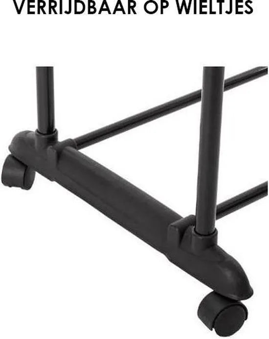 Wooners® - Dubbel kledingrek | Op wieltjes | 1 stuk | Verstelbaar in 3 hoogtes 110 cm - 135 cm - 160 cm | 2 stangen | 2 laags | Garderoberek | Hangrek met schoenrek | Mobiele kapstok | Staand | Verrijdbaar | Zwart metaal