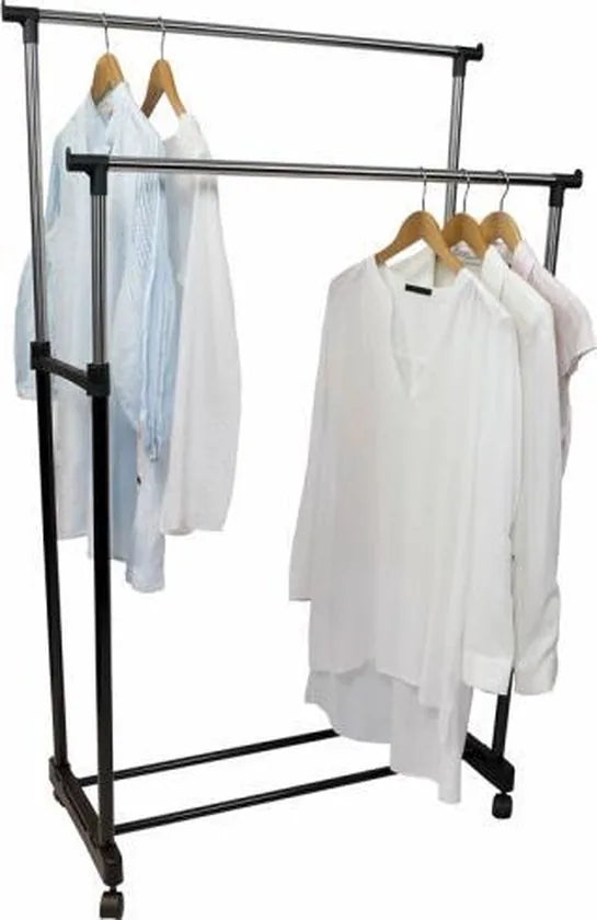 Wooners® - Dubbel kledingrek | Op wieltjes | 1 stuk | Verstelbaar in 3 hoogtes 110 cm - 135 cm - 160 cm | 2 stangen | 2 laags | Garderoberek | Hangrek met schoenrek | Mobiele kapstok | Staand | Verrijdbaar | Zwart metaal