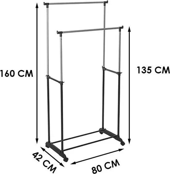 Wooners® - Dubbel kledingrek | Op wieltjes | 1 stuk | Verstelbaar in 3 hoogtes 110 cm - 135 cm - 160 cm | 2 stangen | 2 laags | Garderoberek | Hangrek met schoenrek | Mobiele kapstok | Staand | Verrijdbaar | Zwart metaal