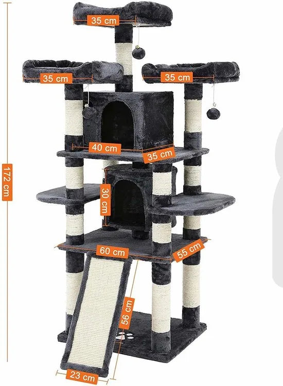 XXL Luxe Katten Krabpaal met Mandjes, Uitkijkposten, Kattenhuisjes - Grote Kattenboom voor meerdere Katten - 60x55x 172cm - Donkergrijs