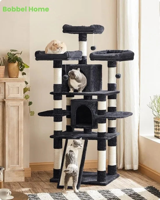 XXL Luxe Katten Krappaal Uitzicht Plateau & Kattenhuisjes - 172 CM Hoog - Grijs/Zwart