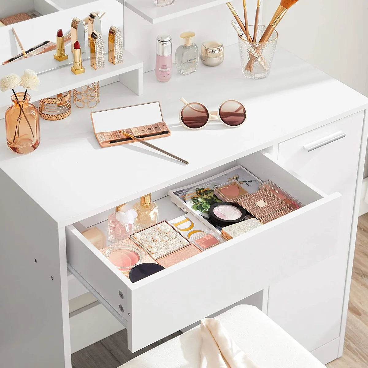 Zaina Home - kaptafel, kaptafel, kaptafel, met spiegel, opbergvak, 1 lade, 2 legplanken, wit RDT119W01