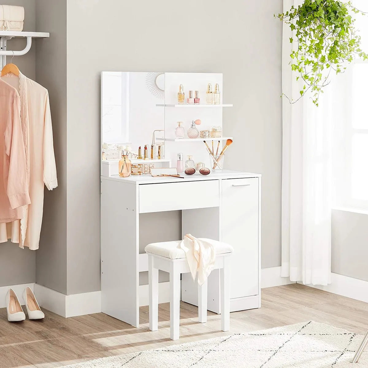 Zaina Home - kaptafel, kaptafel, kaptafel, met spiegel, opbergvak, 1 lade, 2 legplanken, wit RDT119W01
