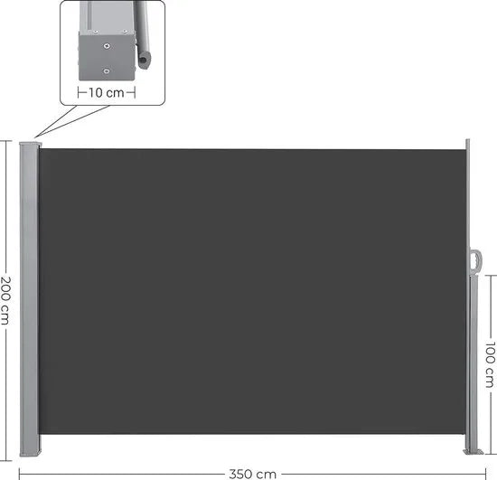 Zijluifel, uittrekbaar, 200 x 350 cm (H x L), privacyscherm, zonwering, zijjaloezie, voor balkon, terras, tuin, rookgrijs GSA205G02