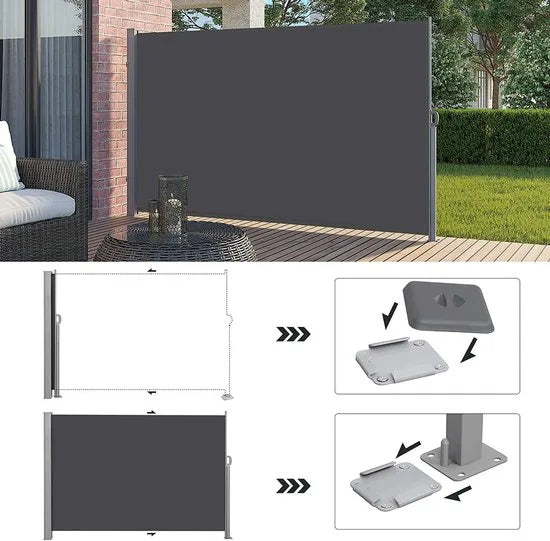 Zijluifel, uittrekbaar, 200 x 350 cm (H x L), privacyscherm, zonwering, zijjaloezie, voor balkon, terras, tuin, rookgrijs GSA205G02